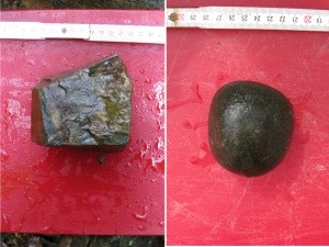 River rocks further upstream (left) tend to have angular sides, but those downri