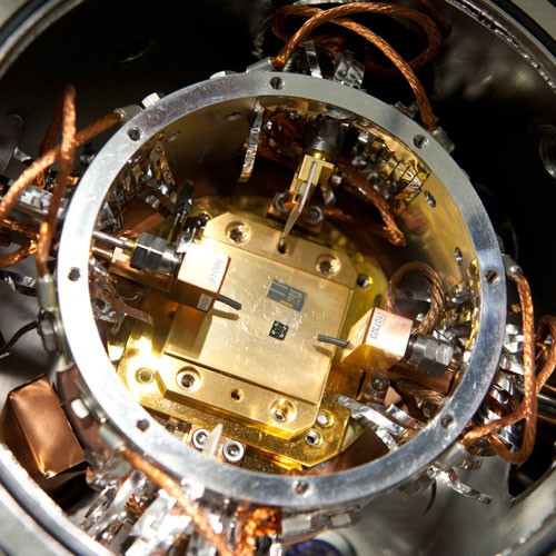 The chamber of the probe station where Donhee Ham&rsquo;s research group tests t