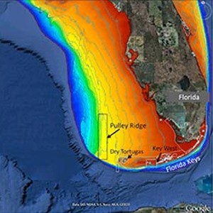 Map of project area showing Pulley Ridge, off the west coast of Florida at depth