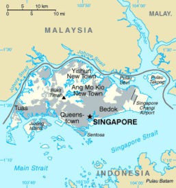 The map above shows Singapore and outline of Singapore and its surrounding islan