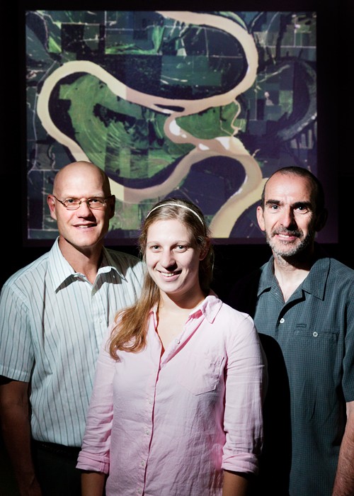 Professors Bruce Rhoads (left) and Jim Best (right) and graduate student Jessica