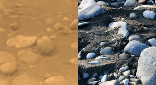 The left-hand image, obtained by the European Space Agency&rsquo;s Huygens probe