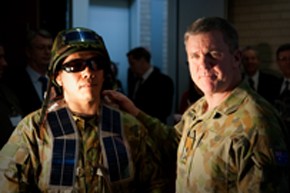 ANU PhD student Azul Osorio Mayon and Major General John Caligari DSC, AM. Photo