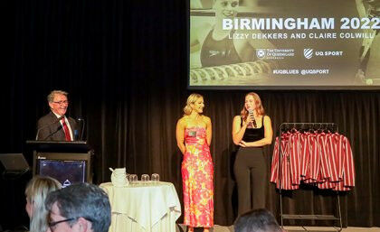 Claire Colwill (left) and Elizabeth Dekkers at the UQ Blues Awards night.