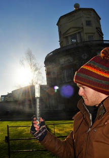 Dr Ian Ashpole measuring January rainfall at the Radcliffe Meteorological Statio