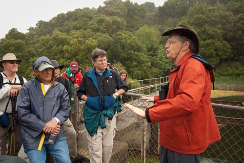 Professor David Freyberg, right, spoke about the Searsville Dam and reservoir at