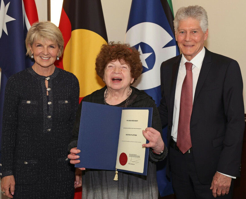 Jasia Reichardt smiles while she receives her honorary doctorate